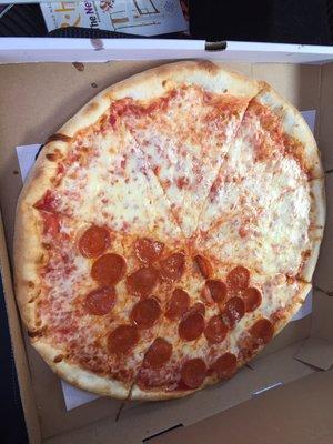 Half cheese half pepperoni. Solid pie