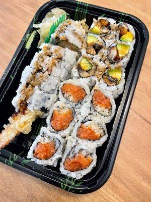 Lunch special 3 rolls $14: spicy tuna crunch, eel avocado, shrimp tempura