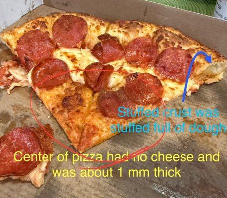 Poor quality, stuffed crust, pepperoni pizza