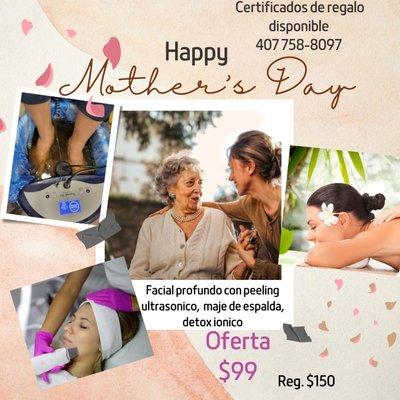 Day Spa oferta de madres. Facial profundo con peeling ultrasónico, masaje de espalda y detox ionico ESP. $99 Reg. 150
