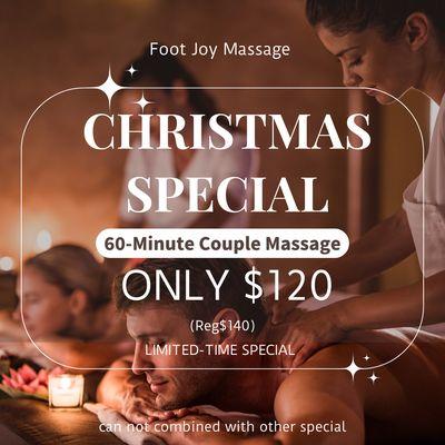 Christmas Couple Special
60min massage for two -- now $120 (was $140)!
Includes hot oil + hot stone.
Limited time until Christmas.
