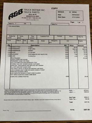 Repair order to fix all the smog equipment ... after I caught them doing the hot/fake smog for the dealer I bought the truck from