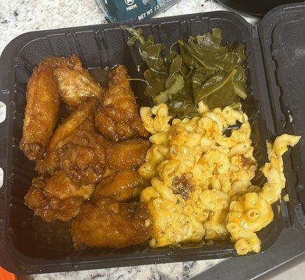 Honey and garlic wings, mac and cheese, and collard greens.
