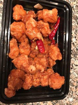 Orange Chicken flavorless, dry and almost cold.