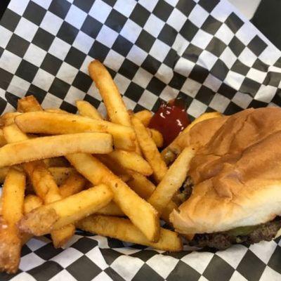 Single hamburger and a regular size classic fries
