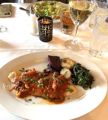 Pan-fried Sole with tomato, olive and caper sauce. Beautiful!