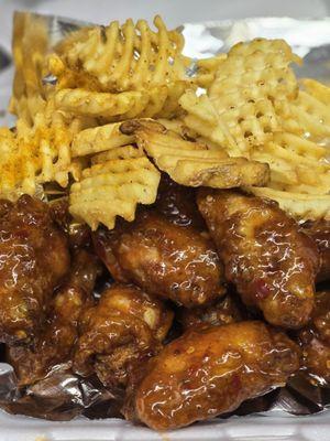 Hot honey glazed wings and fries