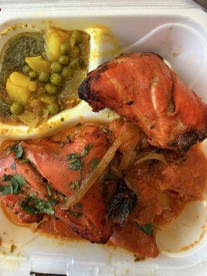 Tandoori Chicken, spinach, Chicken Tikka Masala, cauliflower and peas, white rice and yellow rice.