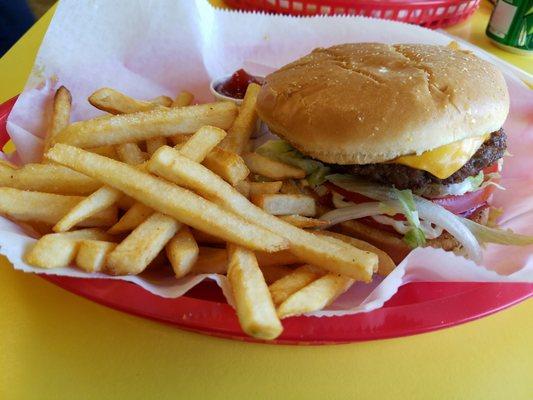 Cheese burger special with fries and can soda 7.99