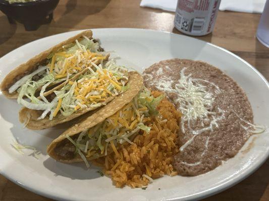 3 taco (carne asada) fried plate with rice and beans