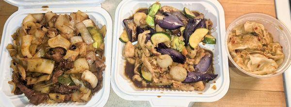 Garlic chicken with eggplant, Beef black bean chow fun, dumplings in hot chili sauce.