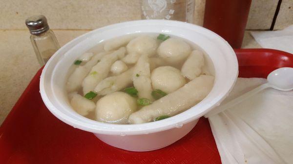 Fuzhou fish ball, fish mousse, and fish skin wonton soup. Only $4