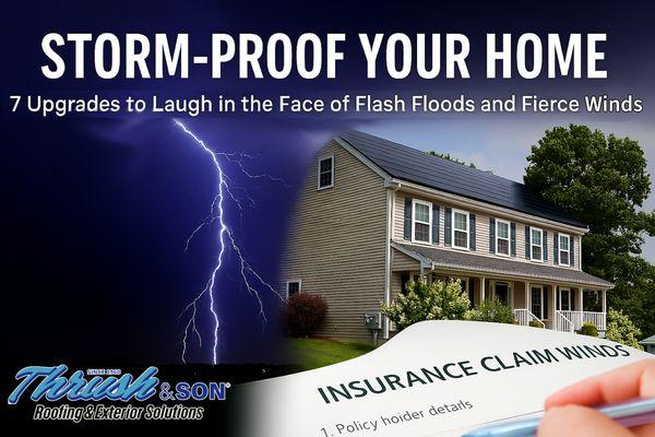 Storm-Proof Your Home blog banner with lightning, fortified house, and insurance claim form promoting storm-ready upgrades.