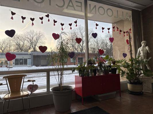 Waiting area decorated for valentines