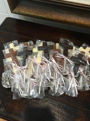 Crosses in white, milk & dark chocolate.
