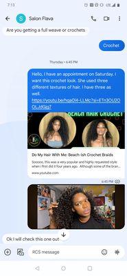 Text message w/ salon owner 2 days before my appointment.