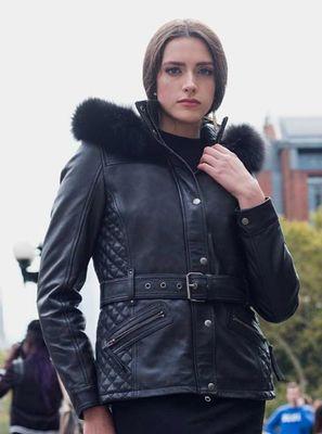 Ladies fashion leather is very soft and with a elegant fur hood to add the perfect look w/zipout liner. Comes in Black or Oxford Red.