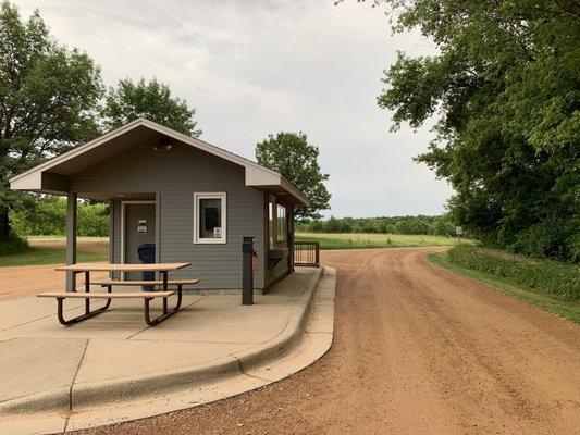 The entrance station and road to the 57 campsites.