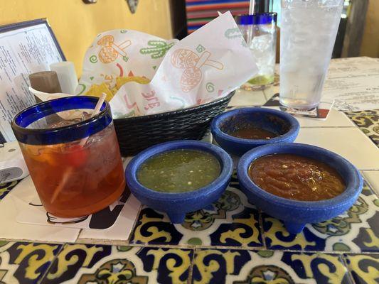 Oaxaca's old fashion, chips w/red & green salsas