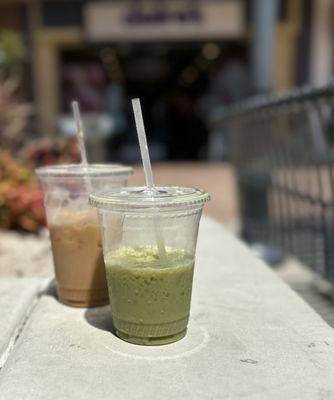 caramel macchiato, matcha latte, both with non-dairy milk