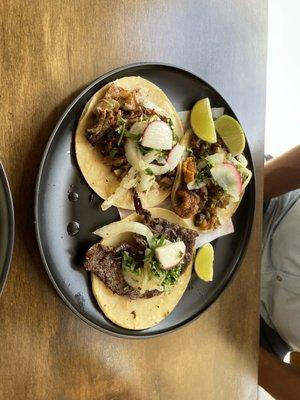 Chicharron, carnitas and Bistek tacos