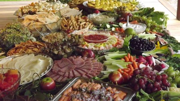 A cocktail hour spread for 50 people.