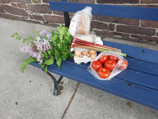 All the wonderful flowers, produce, eggs and fresh bread bought from the farmers market