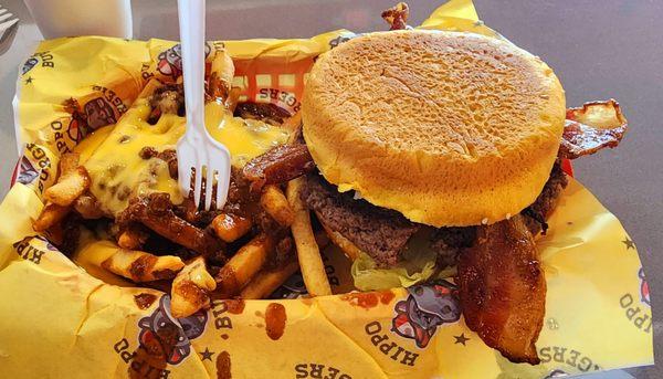 Blue cheese bacon burger and chili cheese fries