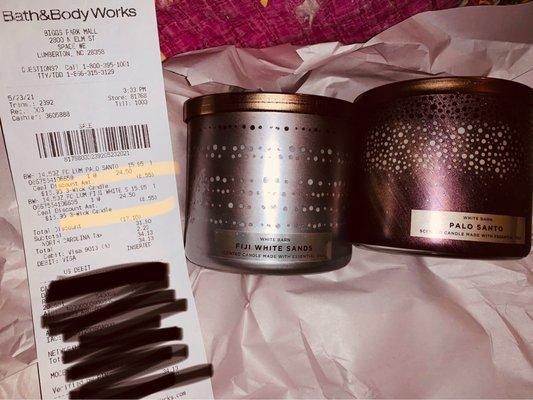 I chose White Barn Palo Santo 3 wick & White Barn Figi White Sands 3 wick candles. Sale $15.95
