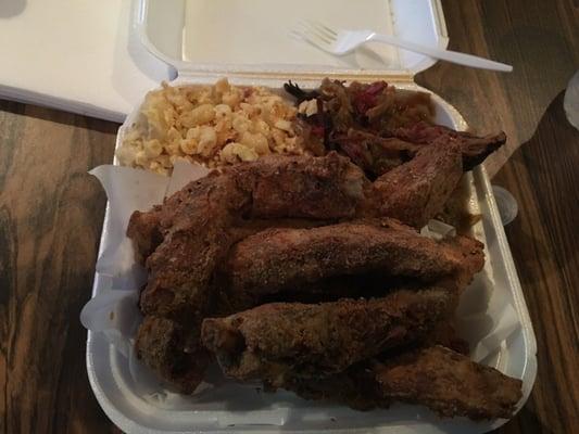 Fried ribs, cabbage and Mac & cheese.
