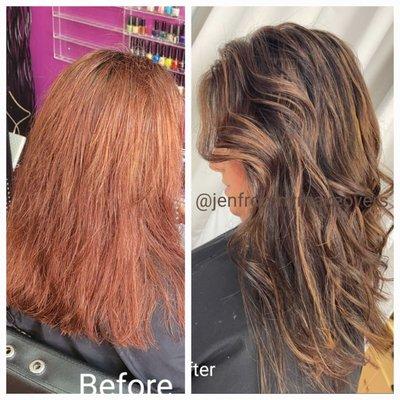 Before & After. From 18yrs of Box red to a brunette with caramel babylights.