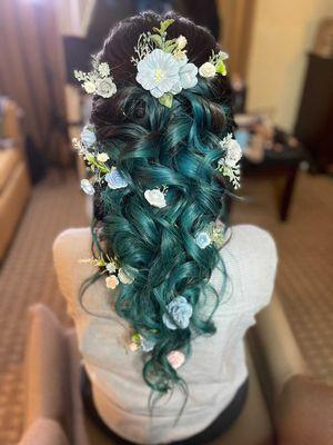 Teal peekaboo highlights styled in an updo for my sister's wedding