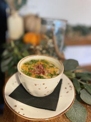 Double Baked Potato Soup with Fresh Porcini Mushrooms