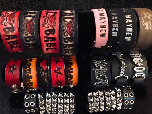 Leather Metal Babe Mayhem, Licensed Band, and Stud Cuffs. Small & Large Sizes Available.