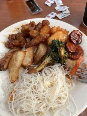 Honey chicken, chicken broccoli, noodles and seasoned potatoes.