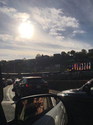 Provided s nice shot of traffic and the beautiful blue skies