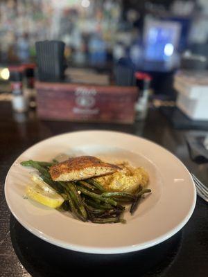 Black salmon with cheese grits and grilled beans (I did take a couple bites before I snapped the pic)
