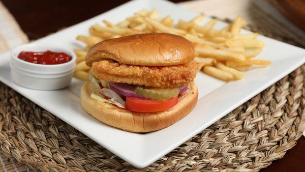 Chicken Burger
Ketchup, Mayonnaise, American Cheese, Onion, Tomato, Lettuce, Pickle with side Fries.