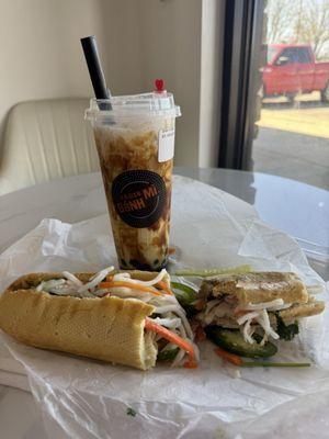 Paris Nights brown sugar boba tea and the chicken bahn mi. Both were excellent.