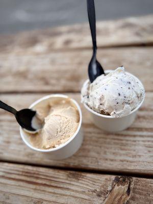 Single scoops of salty caramel and banana chocolate chip
