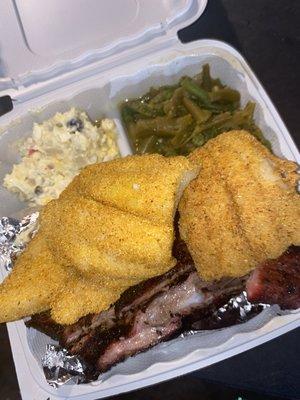 Fried fish, ribs, homemade potato salad and green beans