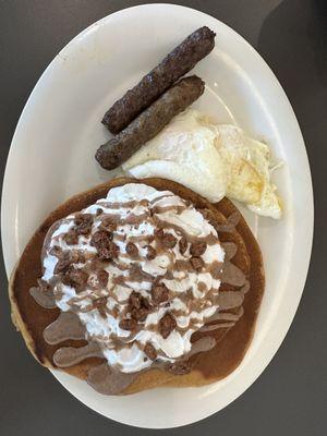 Pancakes, eggs, sausage