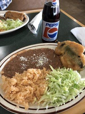 Special stuffed Chile Relleno with pork and cheese inside- with hand made tortillas!
