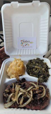 Chopped steak plate, gravy on the side + mac-n-cheese & greens