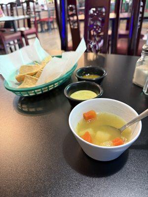 Greeted with small cup of soup (excellent) and chips with salsa.  Quiet background music, friendly server.