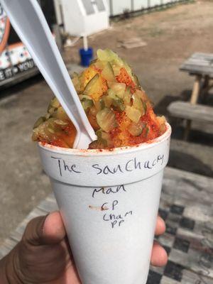 The Sanchacky, mango flavor, chimoy, chili powder and pickle pieces. #1