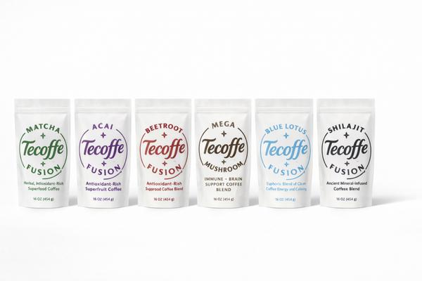 Six Tecoffe Fusion blends--coffee infused with matcha, açaí, beetroot, blue lotus & shilajit. Clean energy, bold ritual.