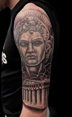 Greek tattoo, black and grey tattoo