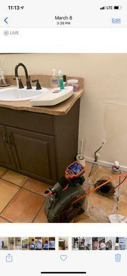 Camera sewer line from pulled toilet looking for root problem that caused backup.