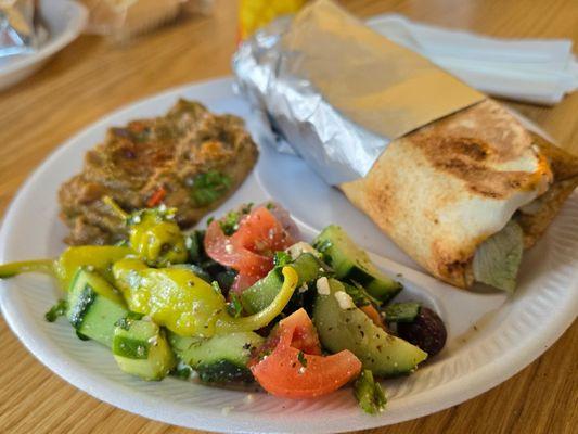 Beef & lamb shawarma, Mediterranean salad, marinated grilled veggies with beans